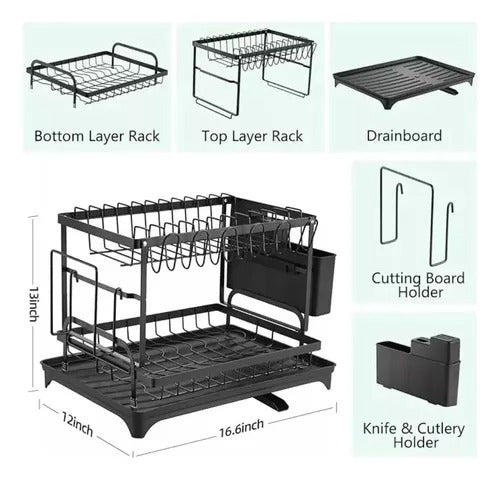 Escurridor de Platos Negro de 2 Niveles con Soporte para Vasos