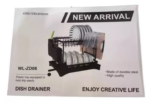 Escurridor de Platos Negro de 2 Niveles con Soporte para Vasos